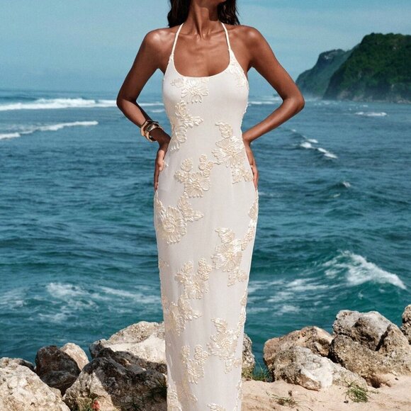 Apricot Elegant Women's Backless Floral Jacquard Halter Maxi Dress - Picture 4 of 7